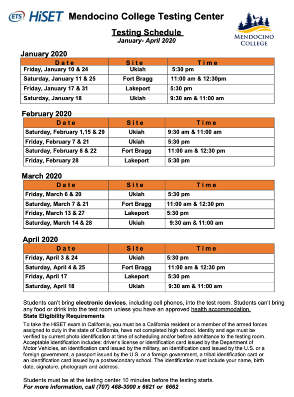 2019-12-10 at 1.24 PM Mendocino College Testing Center Schedule