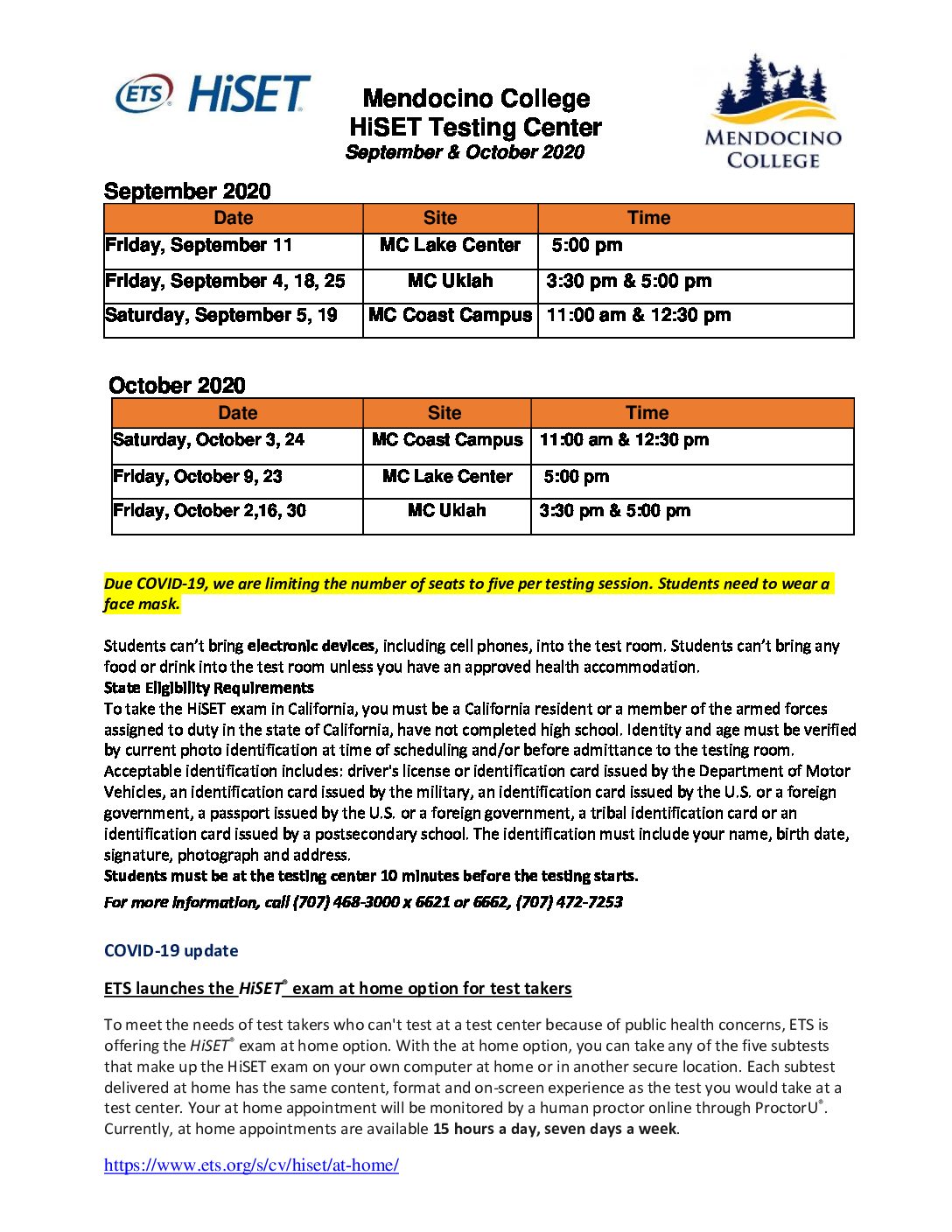 Mendocino College Testing Center CALENDAR SepOctober 2020 Adult